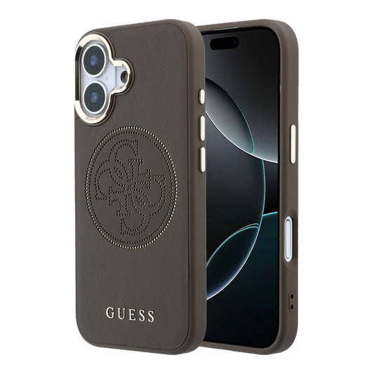 GUESS Funda Efecto Piel Logo Perforado para iPhone 17 Compatible con MagSafe y Protección Anticaídas, Marrón