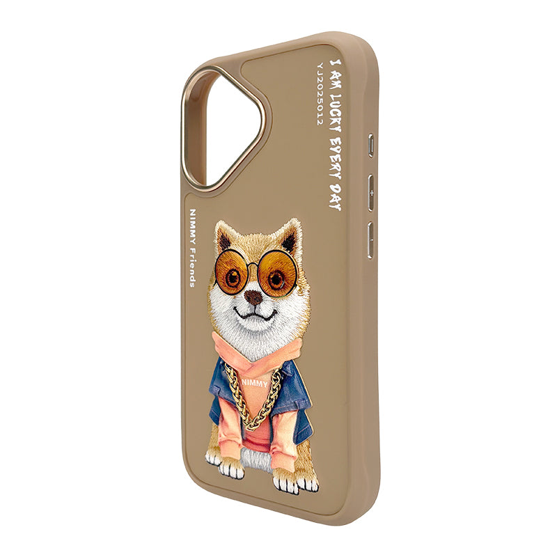 NIMMY Friends Funda Shiba Inu Glasses Series para iPhone 16, 3D Bordada Marrón