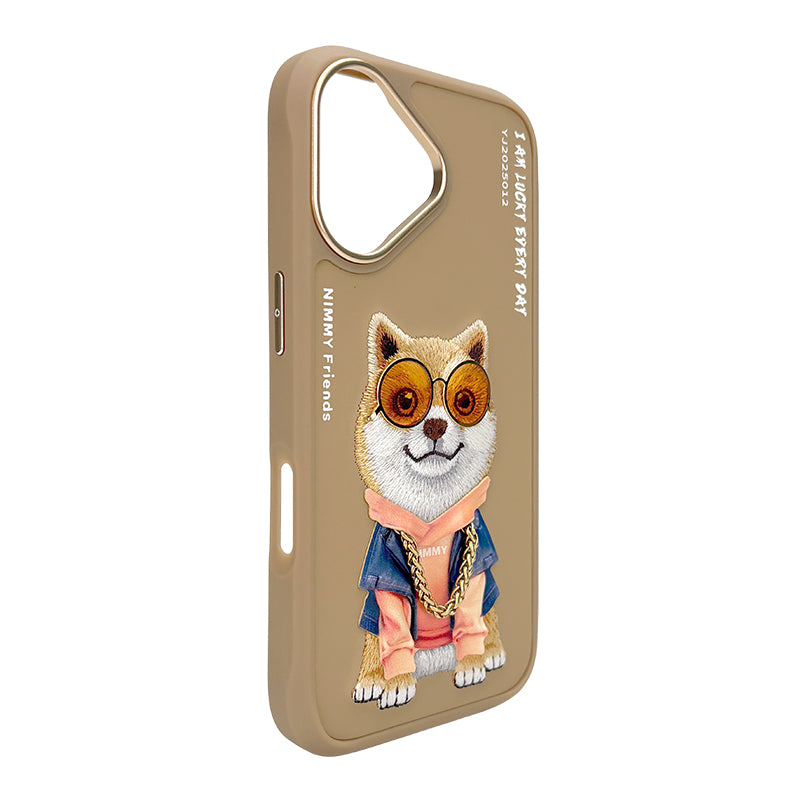 NIMMY Friends Funda Shiba Inu Glasses Series para iPhone 16, 3D Bordada Marrón