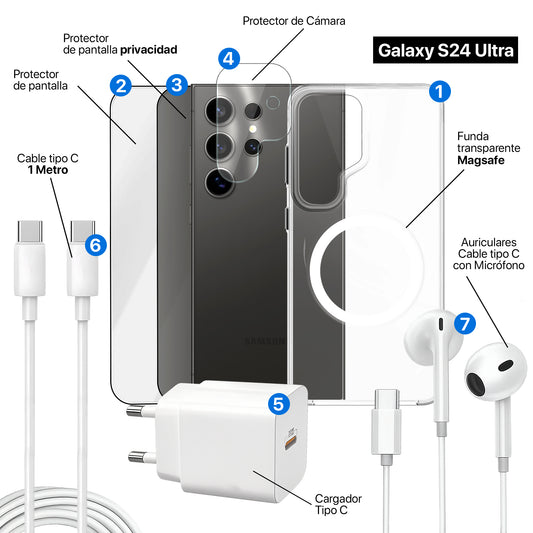 APOKIN Pack 7 en 1 para Galaxy S24 Ultra: Funda Magnética + Kit Completo de Accesorios