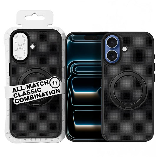 All-Match Funda para iPhone 17 con Relieve de Fibra de Carbono y Anilla 360º – Carcasa Antideslizante con Soporte Integrado y Protección de Cámara