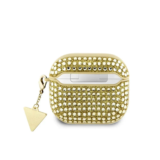 Guess Funda para AirPods 4 – Carcasa Dorada con Piedras Brillantes y Charm, Protección Segura y Ajuste Preciso