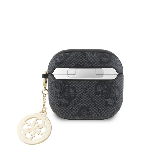 Guess Funda para AirPods 4 – Carcasa de Polipiel Negra con Logo 4G y Charm con Piedras Brillantes, Protección Segura y Ajuste Preciso