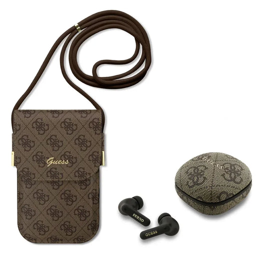 Guess Set para Móvil Marrón de Polipiel – Bolso Universal con Correa Ajustable y Tarjetero Integrado + Auriculares Inalámbricos TWS, Diseño Elegante y Ajuste Universal