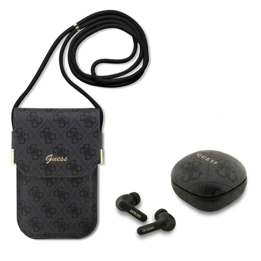 Guess Set para Móvil Negra de Polipiel – Bolso Universal con Correa Ajustable y Tarjetero Integrado + Auriculares Inalámbricos TWS, Diseño Elegante y Ajuste Universal