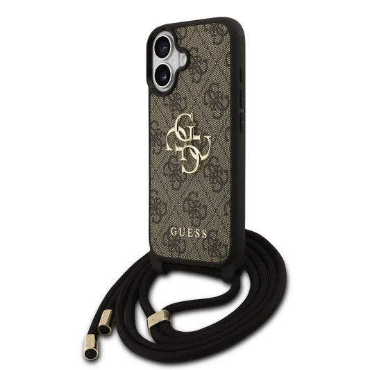 Guess Funda para iPhone 17 – Carcasa con Logotipo 4G Marrón y Cordón, Protección Anticaídas y Ajuste Preciso