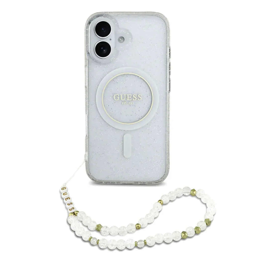 GUESS iPhone 17 Case - Clear MagSafe Case with Glitter and Pearl Strap, Stylish Design and Precise Fit