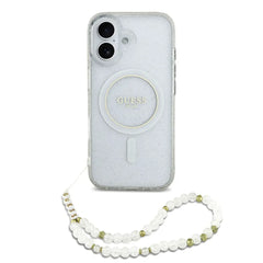 GUESS iPhone 17 Case - Clear MagSafe Case with Glitter and Pearl Strap, Stylish Design and Precise Fit